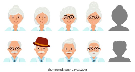 Set Avatar profile isolated. Icons of happy grandparents. Silhouette of a human head. grandmother, grandfather, elderly people. Vector illustration.