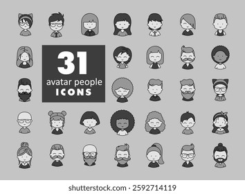 Set of avatar related vector grayscale icons. Includes such icons as person, user, male, female, human and more.