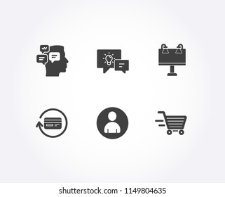 Set of Avatar, Road banner and Idea lamp icons. Messages, Refund commission and Delivery shopping signs. User profile, Advertisement, Business energy. Notifications, Cashback card, Online buying