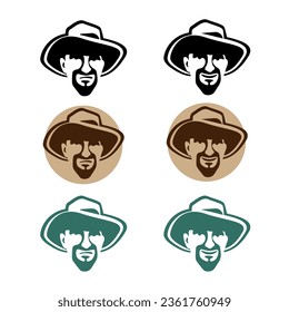 Set of avatar of serious and kind man in hat with beard as farmer. Black and white emblem with different moods in vintage style for human logo element, detective agency, label design, logos, badges