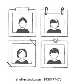 Set of avatar or user icons insert in photo frame. Vector illustration. Silhouettes man and woman. Adult, youth and child heads. Business people. Colleagues, chiefs and employees.