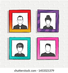 Set of avatar or user icons insert in photo frame. Vector illustration. Silhouettes man and woman. Adult, youth and child heads. Business people. Colleagues, chiefs and employees.