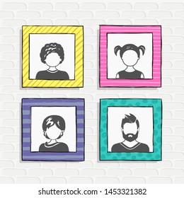 Set of avatar or user icons insert in photo frame. Vector illustration. Silhouettes man and woman. Adult, youth and child heads. Business people. Colleagues, chiefs and employees.