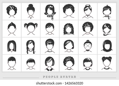 Set of avatar or user icons. Vector illustration. Silhouettes man and woman. Adult, youth and child heads. Business people. Colleagues, сhiefs and employees.