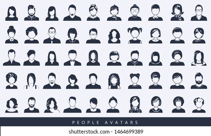 Set of avatar or user icons. Vector illustration. Silhouettes man and woman. Adult, youth and child heads. Business people. Colleagues, hiefs and employees.
