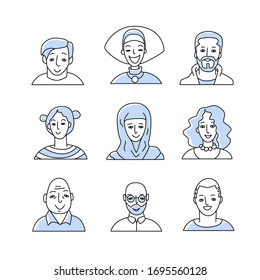 Set of avatar or user icons. Vector illustration. Portraits of multicultural man and woman. Business people.