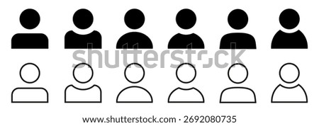 Set of avatar, user profile icons in outline and solid styles, different flat person icon