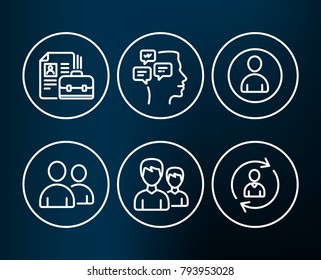 Set of Avatar, Users and Vacancy icons. Messages, Couple and Person info signs. User profile, Couple of people, Hiring job. Notifications, Two male users, Refresh user data.  Editable stroke. Vector