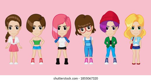 conjunto de vectorial lindo personaje femenino en diferente posición, conjunto, peinado en fondo rosa.