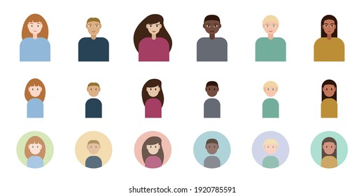 Set of avatars in 3 variations of 6 different persons. Responsive profile picture icons. Multiethnic characters.