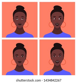 Set of avatars of the African girls. Different emotions: happiness, curiosity, dreaming and calm. Vector flat illustration