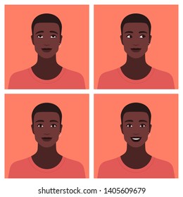 Set of avatars of the African guy. Different emotions: happiness, curiosity, dreaming and calm. Vector flat illustration