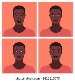 Set of avatars of the African guy. Different emotions: happiness, curiosity, dreaming and shock. Vector flat illustration