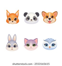 A set of avatars, an animal head. Dog, cat, squirrel, rabbit, panda, owl. Without background.