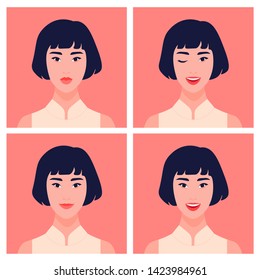 Set of avatars of an Asian girl. Eastern student in a different emotional mood. The young woman winks, joyful, smiles. Vector flat illustration