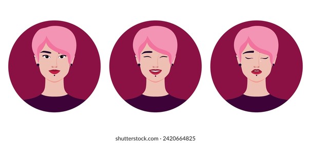 Set of avatars of beautiful informal young woman with pink hair and piercing. Smiling, crying and laughing girl. Vector illustration