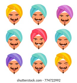 Set of avatars cartoon style genie heads. Men arabic face with smile, wink, mustache, beard. Headwear, headdress, turban. Vector illustration isolated on white. Fairy tale character. Bright colorful.