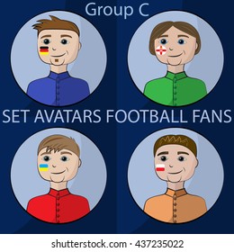 Set avatars championship football fans with flags of countries one group
