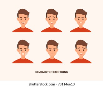 Set of avatars with character emotions including surprise, happiness, hurt, laugh, anger, smirk, grin cartoon style vector illustration of isolated layers on a white background