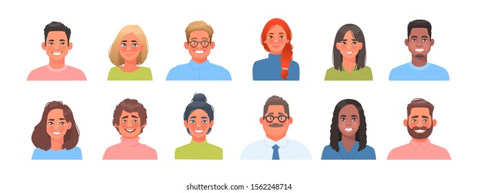 Set of avatars of characters of business men and women of different nationalities. Collection of portraits of multicultural people. Vector illustration in cartoon style