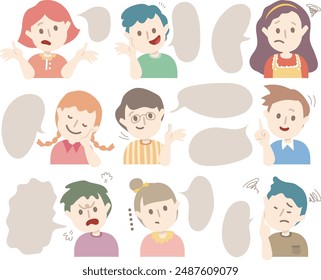 Set of avatars of characters with chat box. Vector profile for social media with dialog bubble.People avatar collection.Hand draw style people message cloud.Variety emoticon of the young person. 