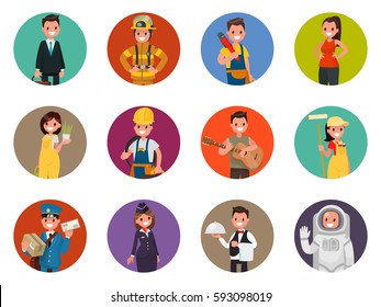 Set avatars characters of different professions: firefighter, astronaut, plumber and others. Vector illustration in a flat style