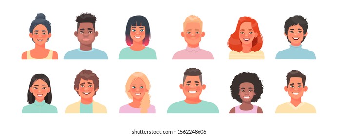 Set of avatars characters teenagers. Portraits of happy guys and girls of different nationalities. Students. Faces of young people. Vector illustration in cartoon style