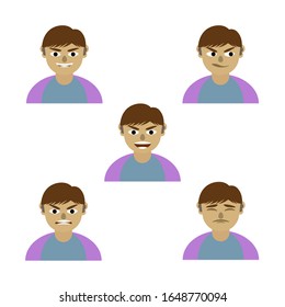 Set of avatars with child emotions including surprise, happiness, hurt, laugh, anger, smirk, grin cartoon style vector illustration of isolated layers on a white background