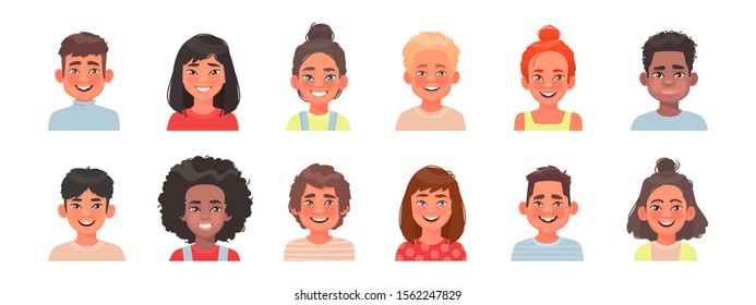 Set of avatars of children characters. Happy faces of boys and girls of different nationalities. Portraits of kids. Vector illustration in cartoon style