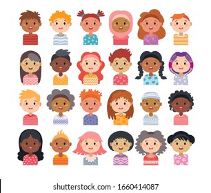 Set of avatars of children characters. Kids hairstyle. Child collection of little boys and girls cartoon avatars. Happy faces teenagers of different nationalities. Portraits of kids isolated on white