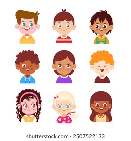 A set of avatars of children of different races and nationalities in a cute cartoon style.