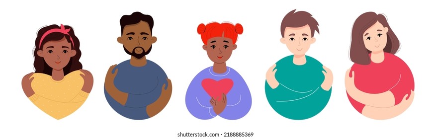 set of avatars of cute young ethnic and fair-skinned girls and men. Happy enamored man hugs himself by the shoulders. Vector illustration. Concept Take care of yourself, love yourself