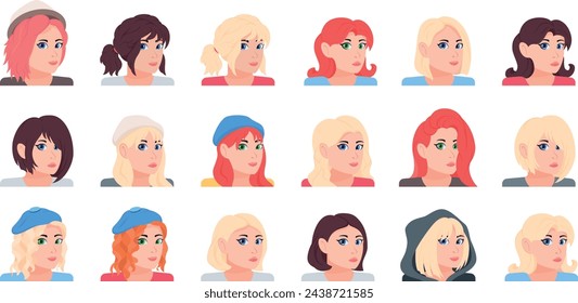 Conjunto de avatares de diferentes personas. Colección de varios retratos femeninos.