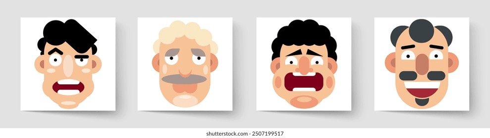 Conjunto de avatares de diferentes personas. Conjunto de retratos coloridos de los usuarios. Rostros de personajes masculinos. Ilustración vectorial en estilo plano de dibujos animados. Retratos de primer plano.