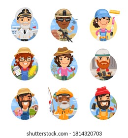 Conjunto de avatares de diferentes profesiones. Capitán del barco, soldado, pintor, agrónomo, jardinero, herrero, agricultor, pescador y leñador. Personajes de dibujos animados de estilo plano. Aislado sobre fondo blanco