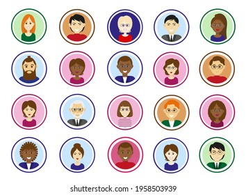 Conjunto de avatares. Diferentes razas se enfrentan en marcos redondos con antecedentes coloridos. Colección de ilustraciones vectoriales planas aisladas.