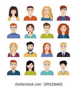 Set of avatars of different smiling people. Collection of characters of men and women. Isolated vector illustrations.