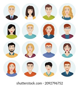 Set of avatars of different smiling people. Collection of characters of men and women in round frames. Isolated vector illustrations