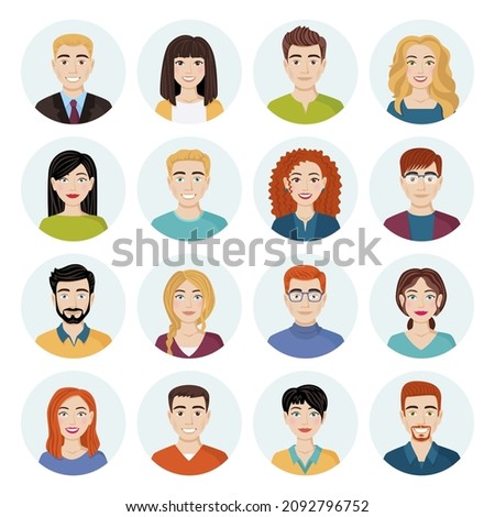 Set of avatars of different smiling people. Collection of characters of men and women in round frames. Isolated vector illustrations