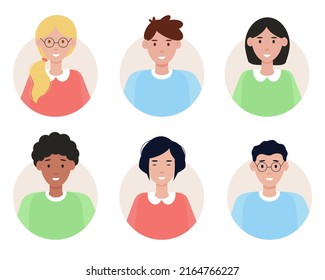 Set of avatars of different young people. Portraits of women and men of different nationalities. Vector illustration