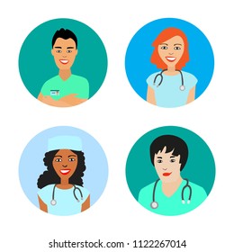 A set of avatars with doctors. Round avatars with young medical specialists. Physicians in uniform. Isolated Vector Illustration

