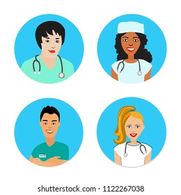 A set of avatars with doctors. Round avatars with young medical specialists. Physicians in uniform. Isolated Vector Illustration

