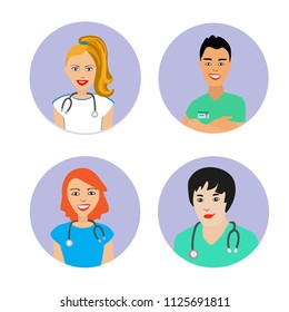 A set of avatars with doctors. Round avatars with young medical specialists. Physicians in uniform. Isolated Vector Illustration