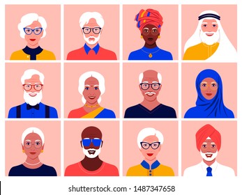 Set of avatars of elderly men and women of different nationalities and races. Diversity. Multinationality. Portraits of grandparents. Vector flat illustration