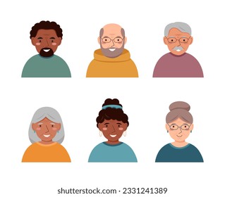 Set of avatars of elderly people. Old people portraits.