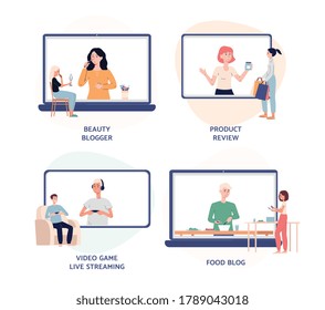 Set of avatars or emblems for bloggers video tutorials and streaming, flat vector vector illustration isolated on white background. Online internet video tutorials.