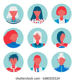 Set of avatars. Female charactes with different hairstyles