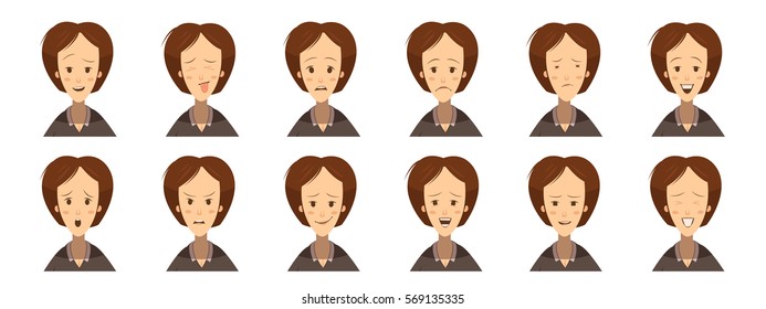 Set of avatars with female emotions including fun uncertainty gloom laugh concentration cartoon style isolated vector illustration