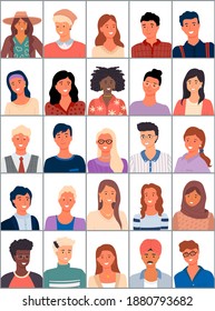 Set of avatars in flat design. Positive avatars of young people different nationalities. Stylish person faces and shoulders avatars. Portrait of cool students with different skin colors and hairstyles