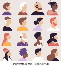 Set of avatars in flat design style. Icons  people in profile of different ages and nationalities. Vector illustration.